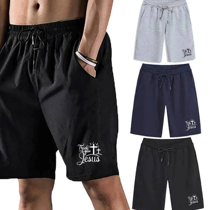 

Summer Men's Jesus Printed Drawstring Shorts Fashion Sports Breathable Five Points Jogging Shorts Solid Color Loose Beach Pants