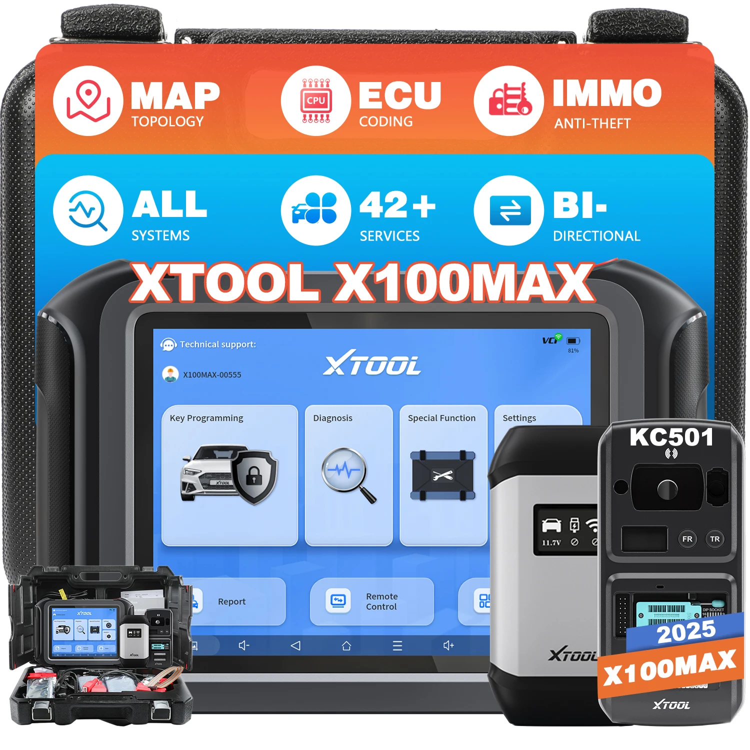 Фото Диагностический программатор ключей XTOOL X100MAX для автомобилей, сенсорный экран 9,7 дюйма, 4G+128G, беспроводное управление, универсальное применение, модель 2026 года №1