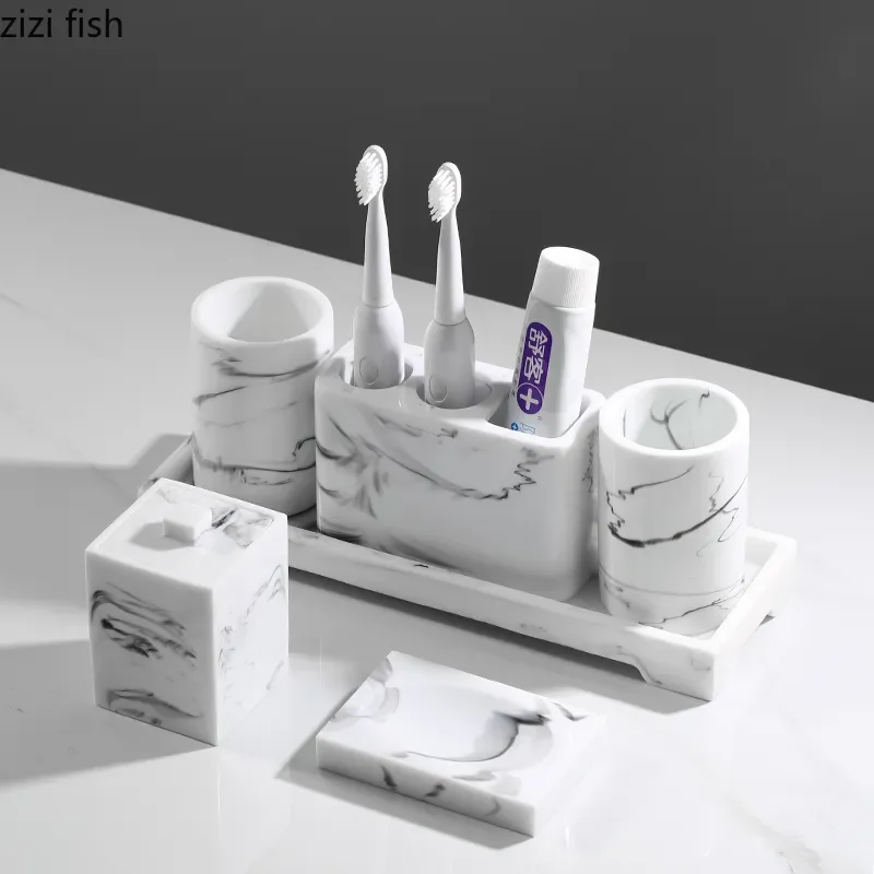 

Resin Wash Set Toiletries Bathroom 5-piece Set with Tray Toothbrush Holder Mouth Cup Lotion Bottle Cotton Swab Box Soap Dish