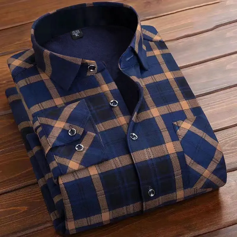 

Factory High Quality Polyester Button Up Shirt For Men Fashion Mens Thick Warm Solid Color Long Sleeve Plaid Shirt Plus Size