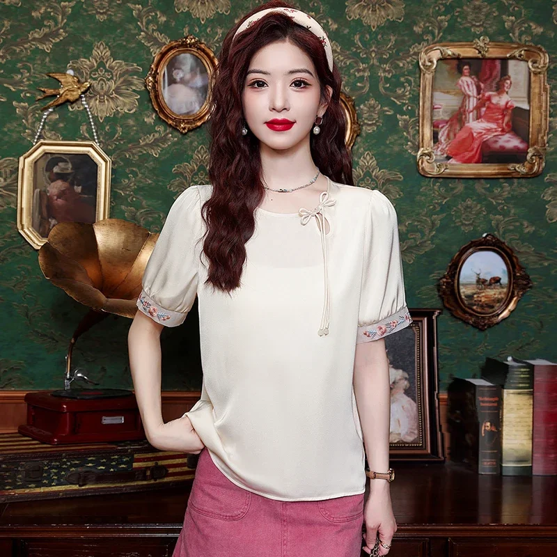 Летняя женская блузка с коротким рукавом и круглым вырезом шифоновая бахромой