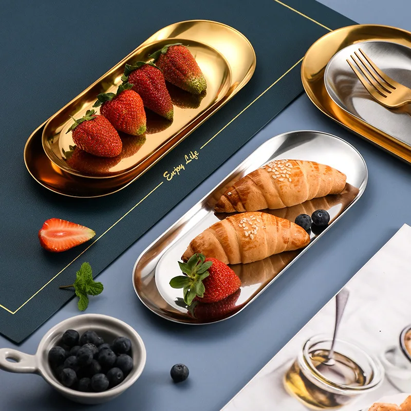 

Nordic Style Stainless Steel Kitchen Storage Tray Dessert Dining Plate Gold Thickened Barbecue Rangement Cuisines