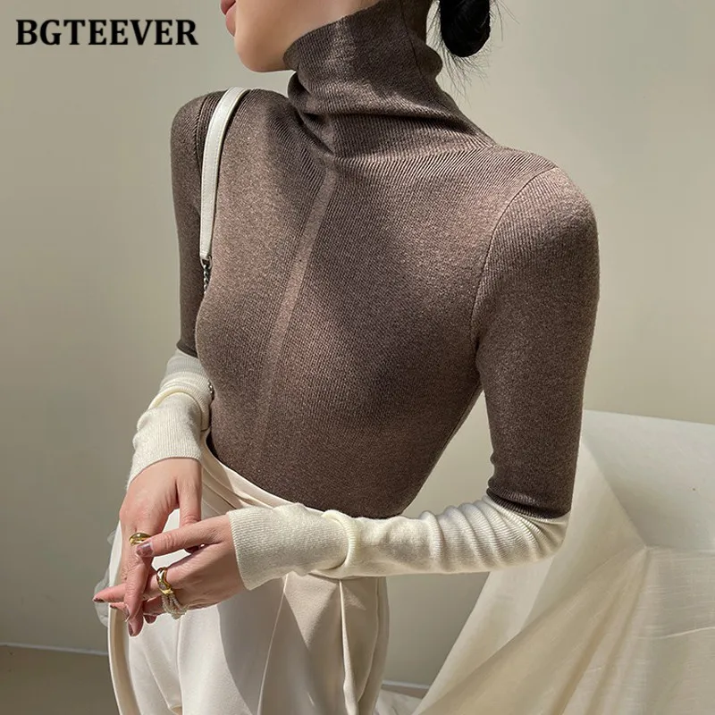 

BGTEEVER Stylish Patchwork Sleeve Women Sweaters Autumn Turtleneck Knitted Pulloves Women Skinny Knitted Jumpers Female