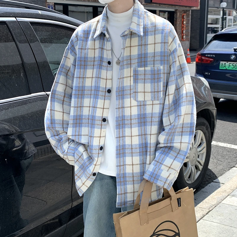 

Повседневная брендовая Мода Хип-хоп панк свободные мужские карго клетчатые рубашки с длинными рукавами 2023 новая весенне-осенняя одежда