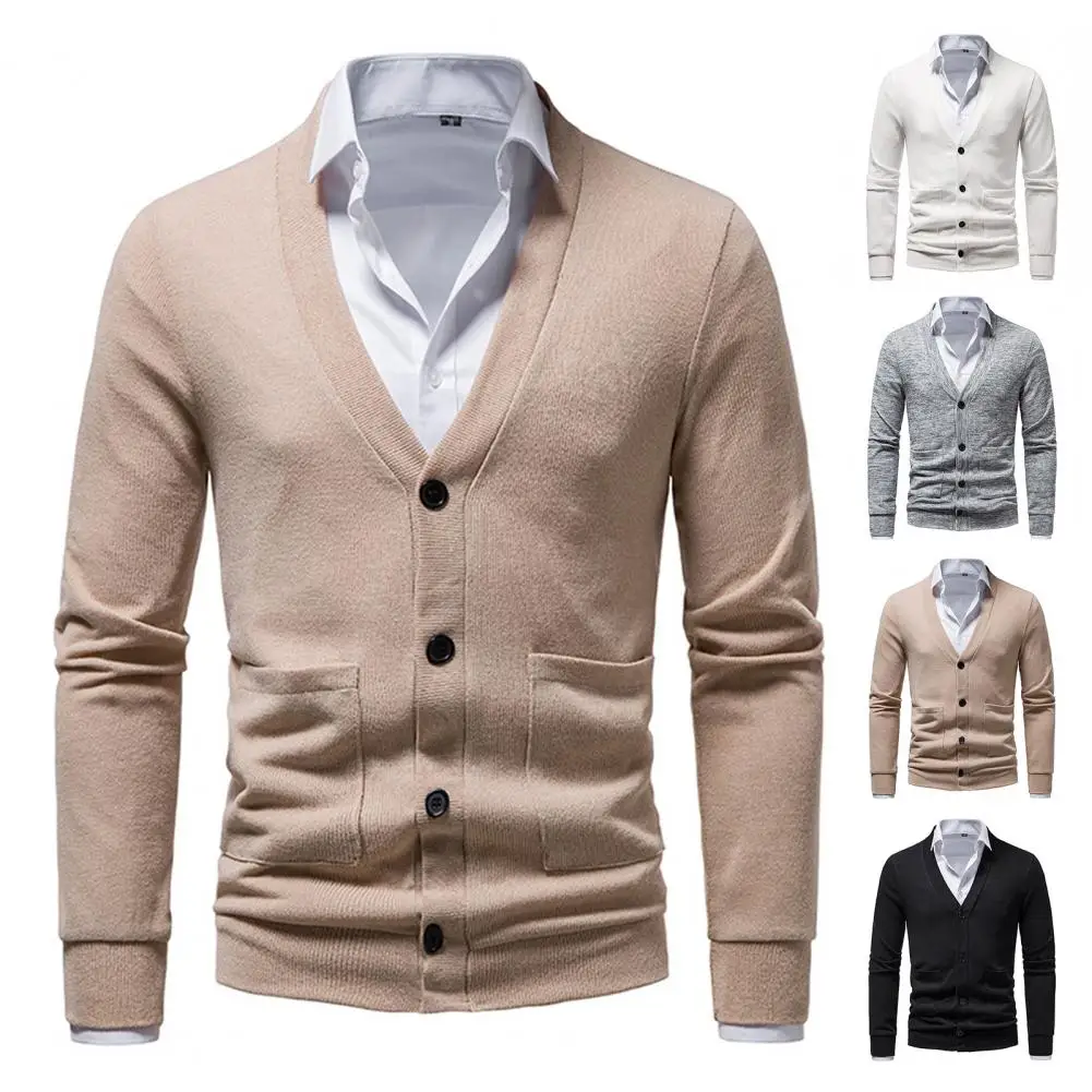 

Solid Color Single-breasted Buttons Autumn Sweater Breathable Soft V Neck Long Sleeve Fall Sweater Slim Fit Knit Men Sweater
