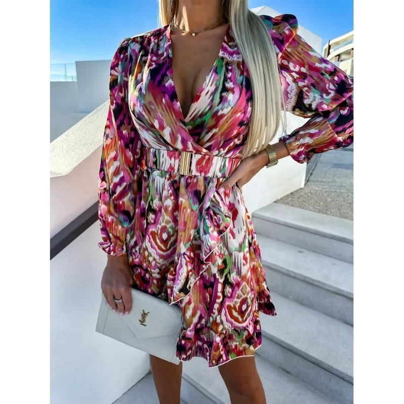 Women's New Rashion Rainbow Color Stripes V-neck Dress Long Sleeve Sexy High Waist