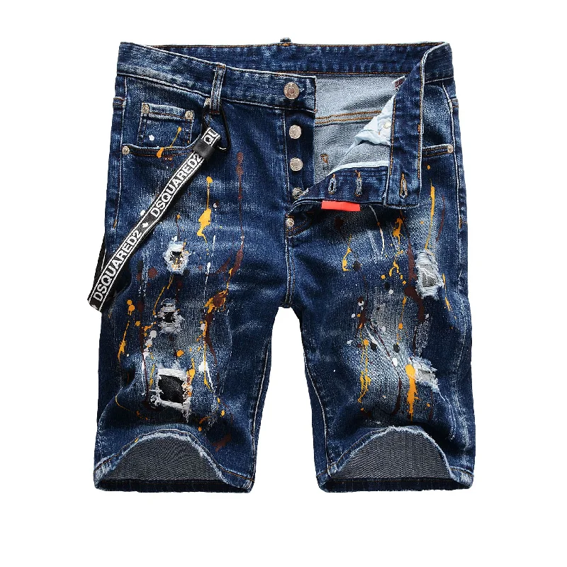 Mens Blue Denim Shorts Mens Summer Casual Slim Print Hole Knee Length Jeans High Quality Hip Hop Denim Shorts