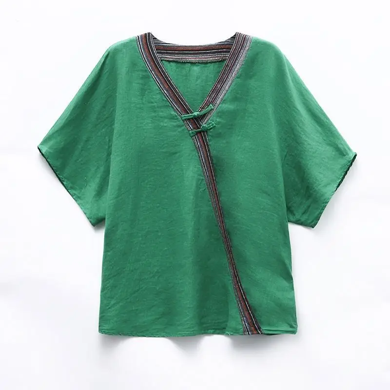 

Cotton Linen T Shirt Women Fashion Design Loose Oversized T-shirt Korean Casual Short Sleeve V-Neck Top Summer Trend Thin Tshirt