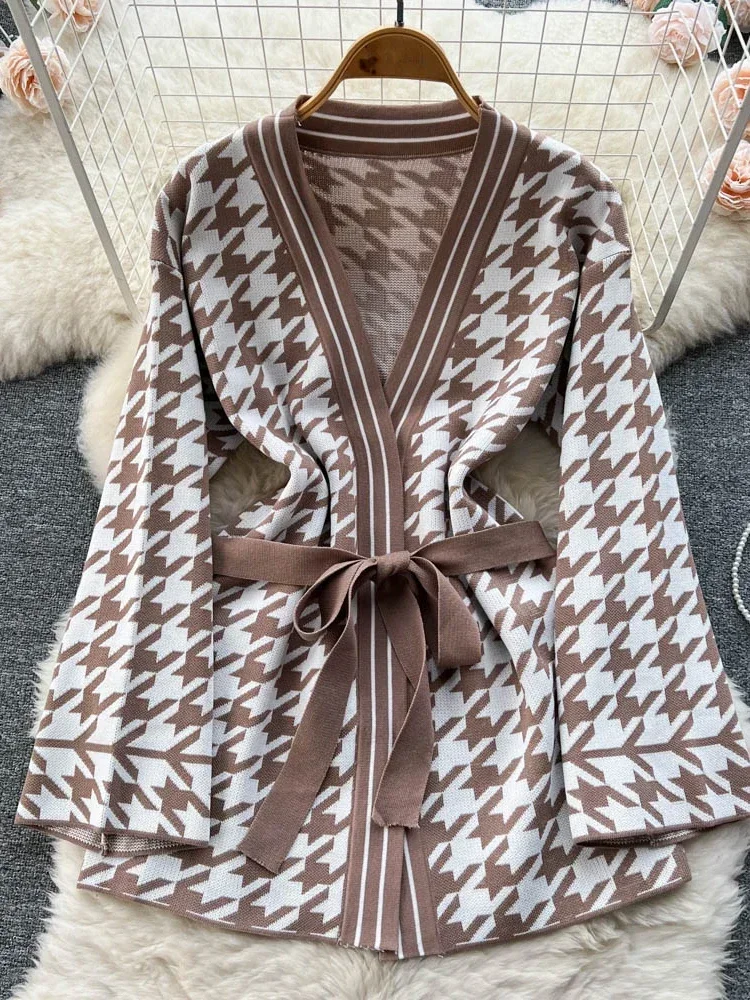 Осень-зима женский свитер костюм из двух предметов с узором гусиные лапки