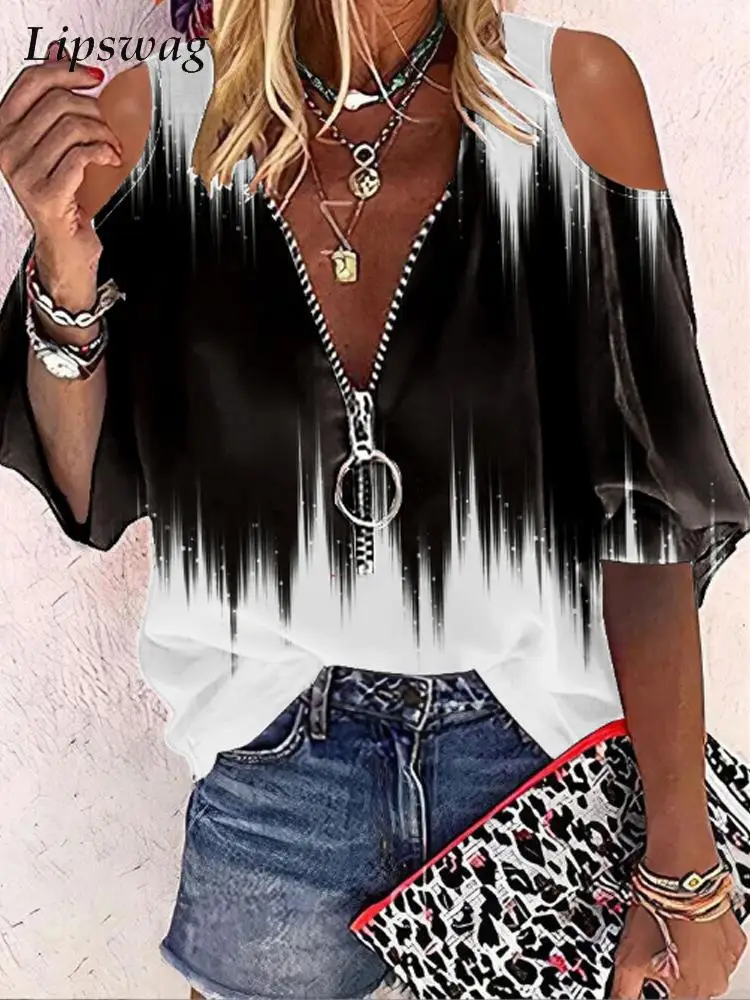 

Vintage Print Zipper V Neck Blouse Casual Long Sleeve Female Shirt Tops Women Sexy Off Shoulder Loose Pullover Blusa Streetwear