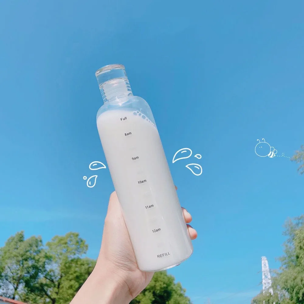500/700ml Large Capacity Plastic Bottle With Time Marker Cover For Water Drinks Birthday Gift Transparent Milk Juice Simple Cup