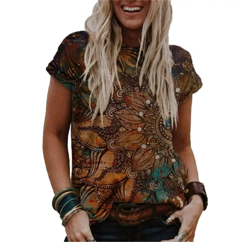 

New 2021 Summer Vintage Flower Print Women's T-shirt Casual Short Sleeve Fashion Female Tee Top Loose Streetwear S-5XL Plus Size