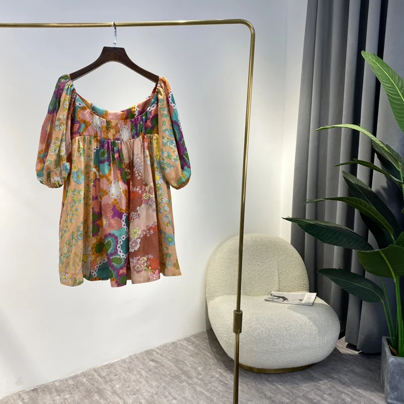

Indie Folk Floral Printing A-LINE Mini Linen Dress Half Lantern Sleeve 2022 New Spring Prairie Chic Women Clothing