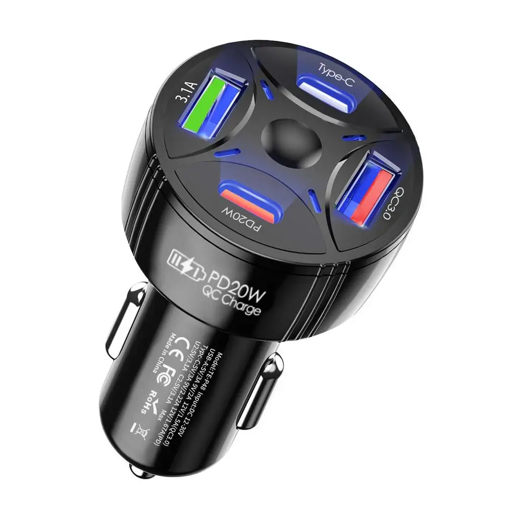 

Разветвитель автомобильного прикуривателя, USB Type C, быстрая зарядка PD20W QC3.0, быстрая зарядка телефона, 4-портовый адаптер для автомобильного прикуривателя