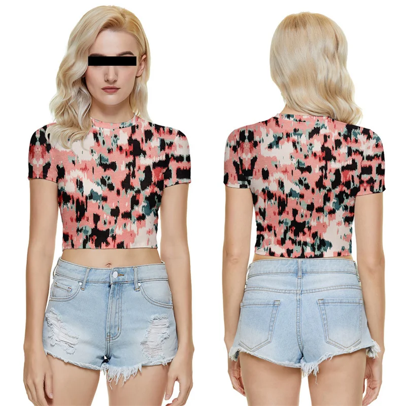 

Summer Women Top Sexy Midriff-baring T-shirt Sling Crop Short Sleeve Casual Clothes Print Comfortable Simple Style