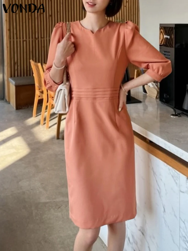 

VONDA Элегантное повседневное платье-рубашка 2023 летнее женское однотонное мини Сарафан 3/4 с пышными рукавами Плиссированное короткое платье с V-образным вырезом