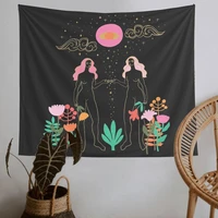 abstract line naked girl tapestry wall hanging colorful floral plants bedroom dorm decor black background eye wisdom decoration