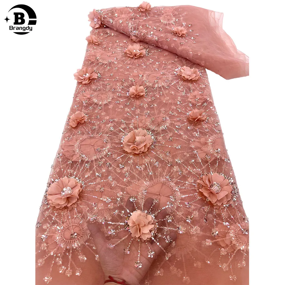 Кружевная ткань с блестками трения Высококачественная вышивка 3D Цветочная