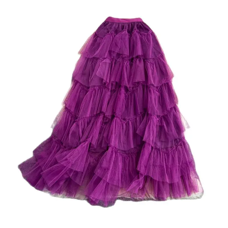 

Bella Class Spring Cakee Layered Long Tulle tutu skirt Fluffy Irregular Tiered A-line Ankle Long Mesh Skirts Purple Pink Blue