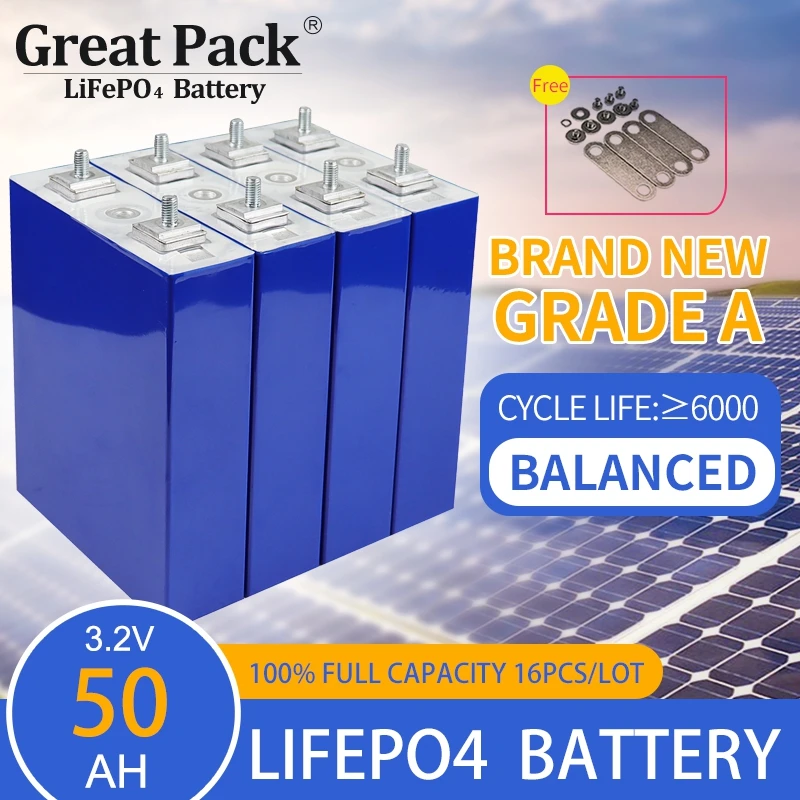 

100% Full Capacity 16PCS 3.2V 50Ah Rechargeable Battery Cell LiFePO4 Brand New Grade A Lithiun Ion Solar Power Bank for RV