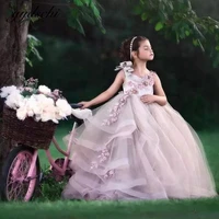 light purple girls pageant dresses 3d lace appliques ruffles princess 2022 long flower girls dresses for wedding party dresses