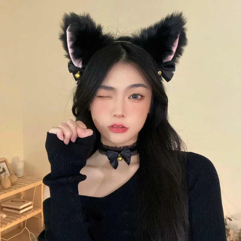 

Sexy Cat Ear Hair With Bell adult Neck Ring Lace Bow Plush Hair Band Fox Ear Hairpin Maid Cosplay Headdress