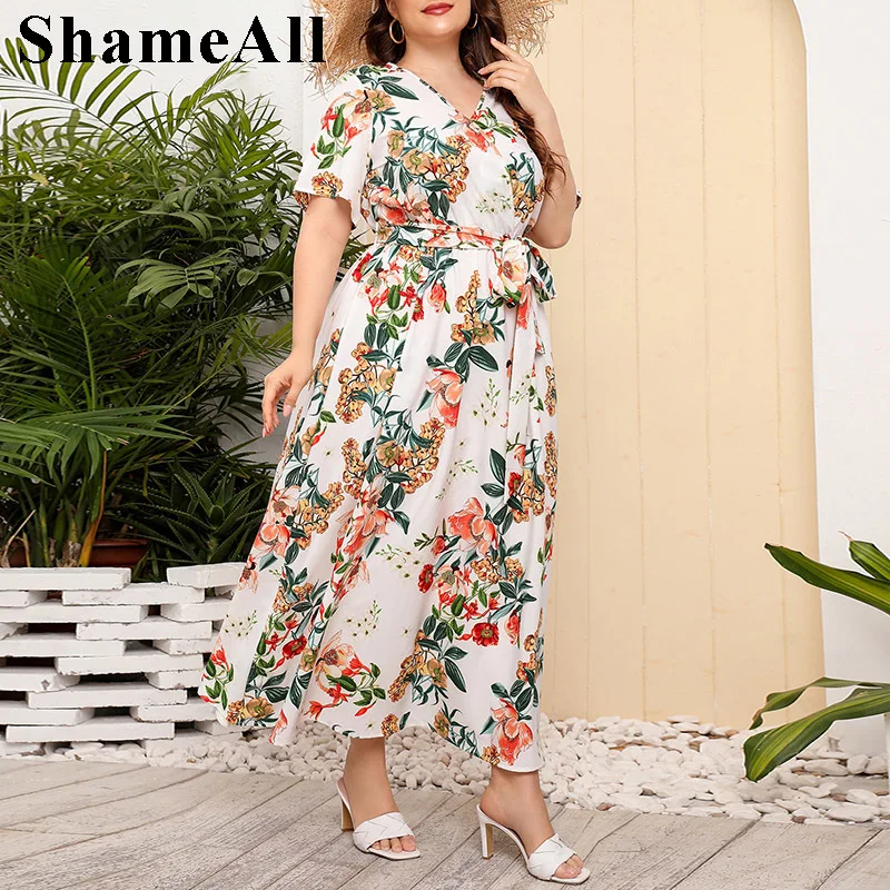 

Plus Size Wrap V Neck Vintage Floral Print Bohemia Dress 4XL Summer Elegant Women Short Sleeve Belted Long Maxi Beach Dress Robe