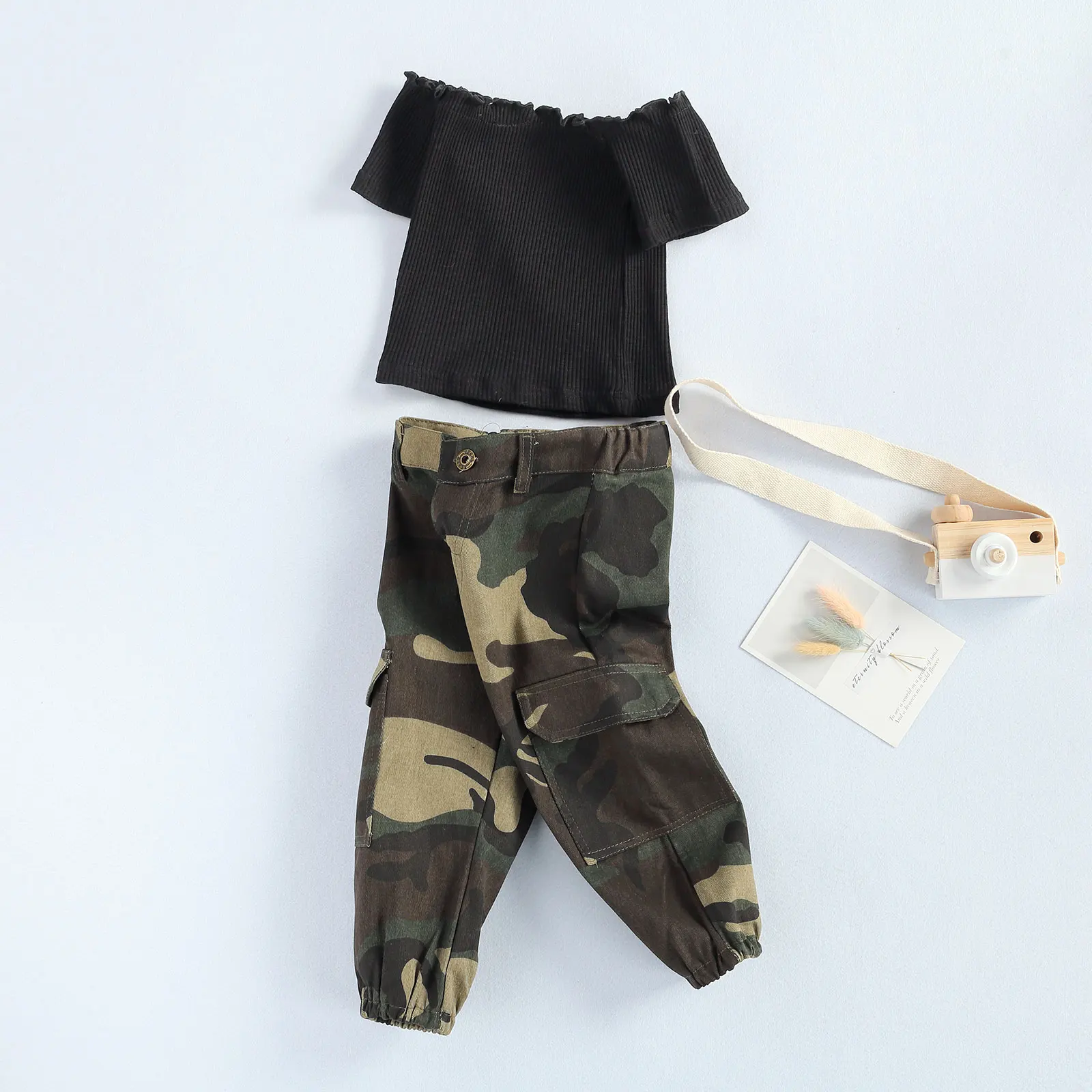 

3 Style 1-6Y Fashion Infant Baby Girls Clothes Sets Off Shoulder T Shirts Tops+Camouflage Pants 2pcs