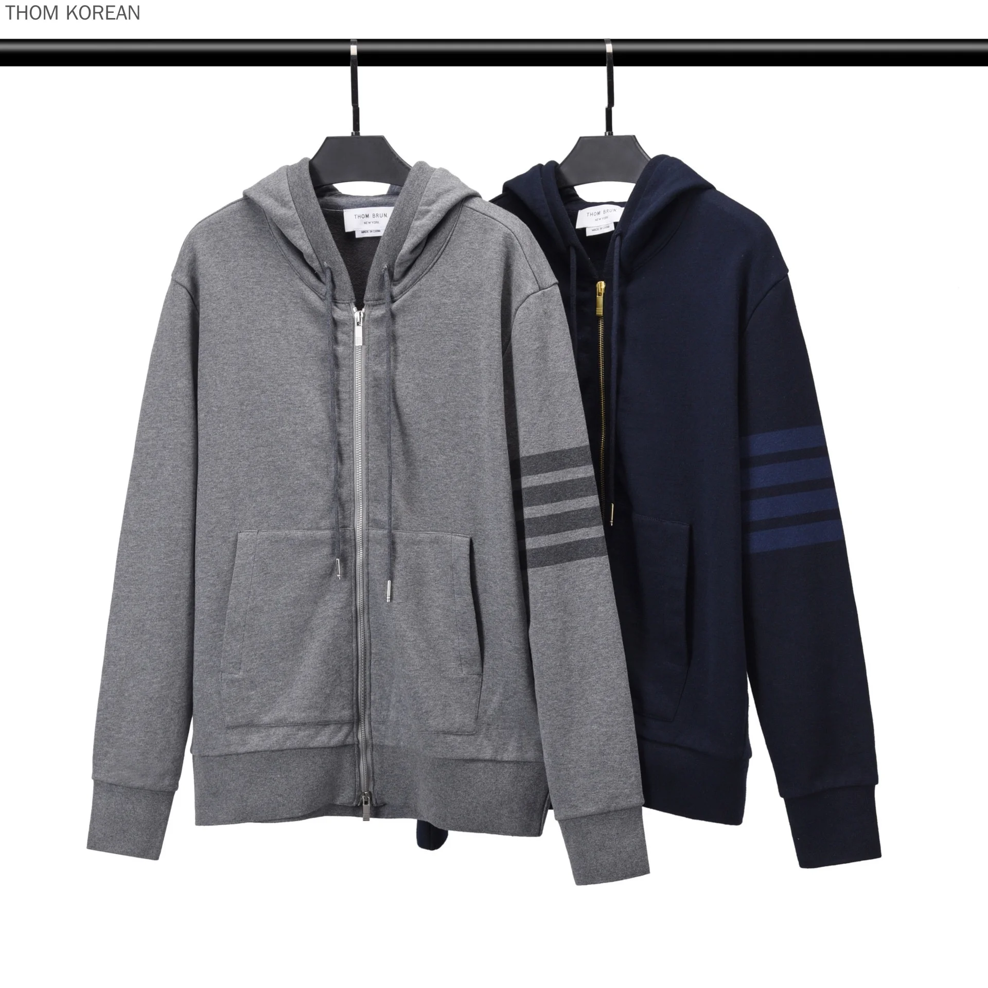 

2022 Winter tb Men Jacket Hooded Casual Cotton Coat Striped Zipper Outerwear Korean Pockets Sweater Slim High Quality Korean