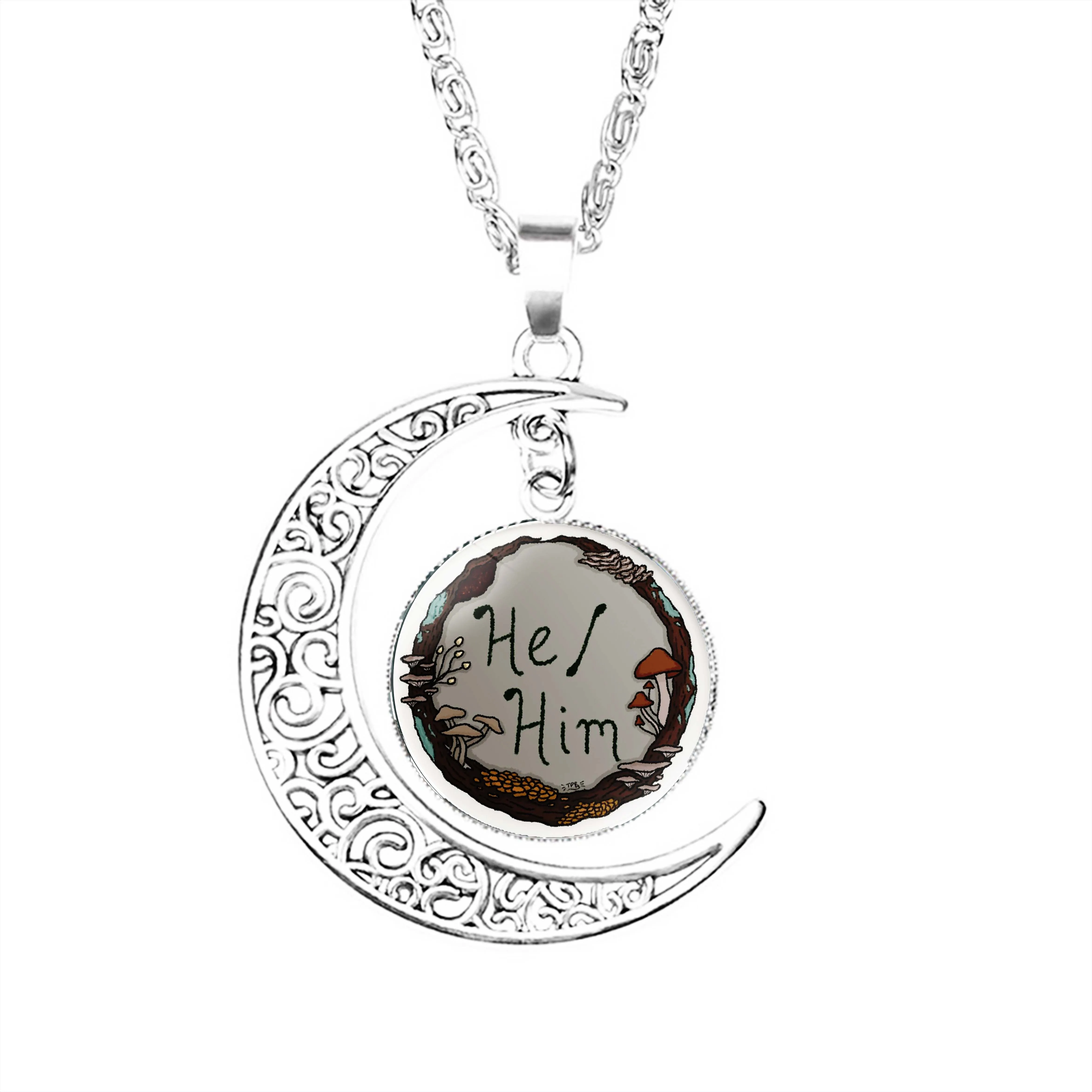 

He Him Mushroom Pronoun Wreath Moon Necklace Pendant Charm Accessories Party Stainless Steel Jewelry Dome Jewelry Crescent Men