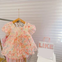 summer fashion stereo floral puff sleeve tulle shirt and pink shorts 2pc outfits sets for baby girl clothes 4 8 y vestido