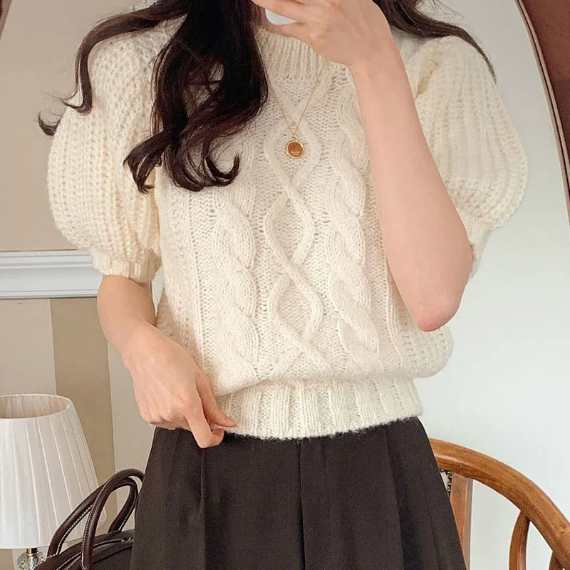 

ZCSMLL Korean Spring Temperament Simple Round Neck Linen Pattern Puff Sleeve Short Knitted Sweater Women 2020 Tide