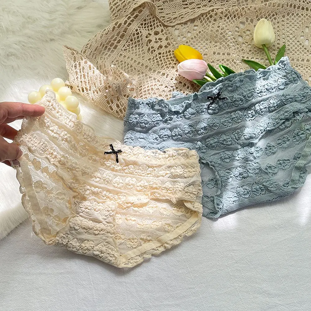 

New Mesh Ruffle Panties Women Sexy Transparent Underwear Love Heart Bow Woman Lingerie Soft Breathable Briefs