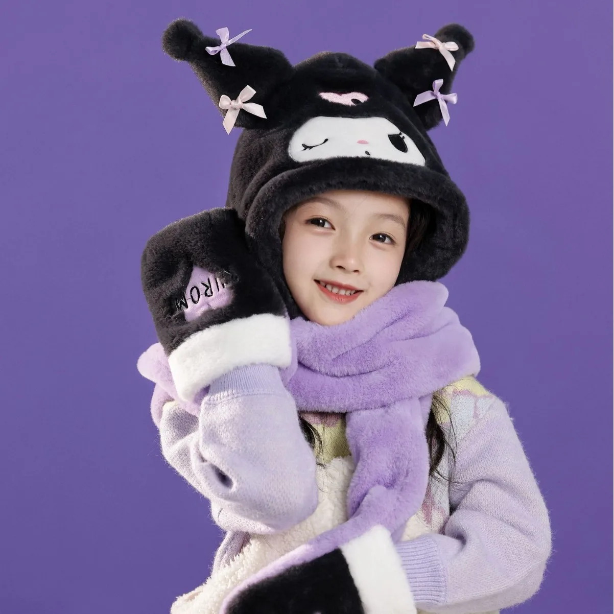Sanrio теплый шарф перчатка шапка Kuromi аниме комплект три в одном детская зимняя
