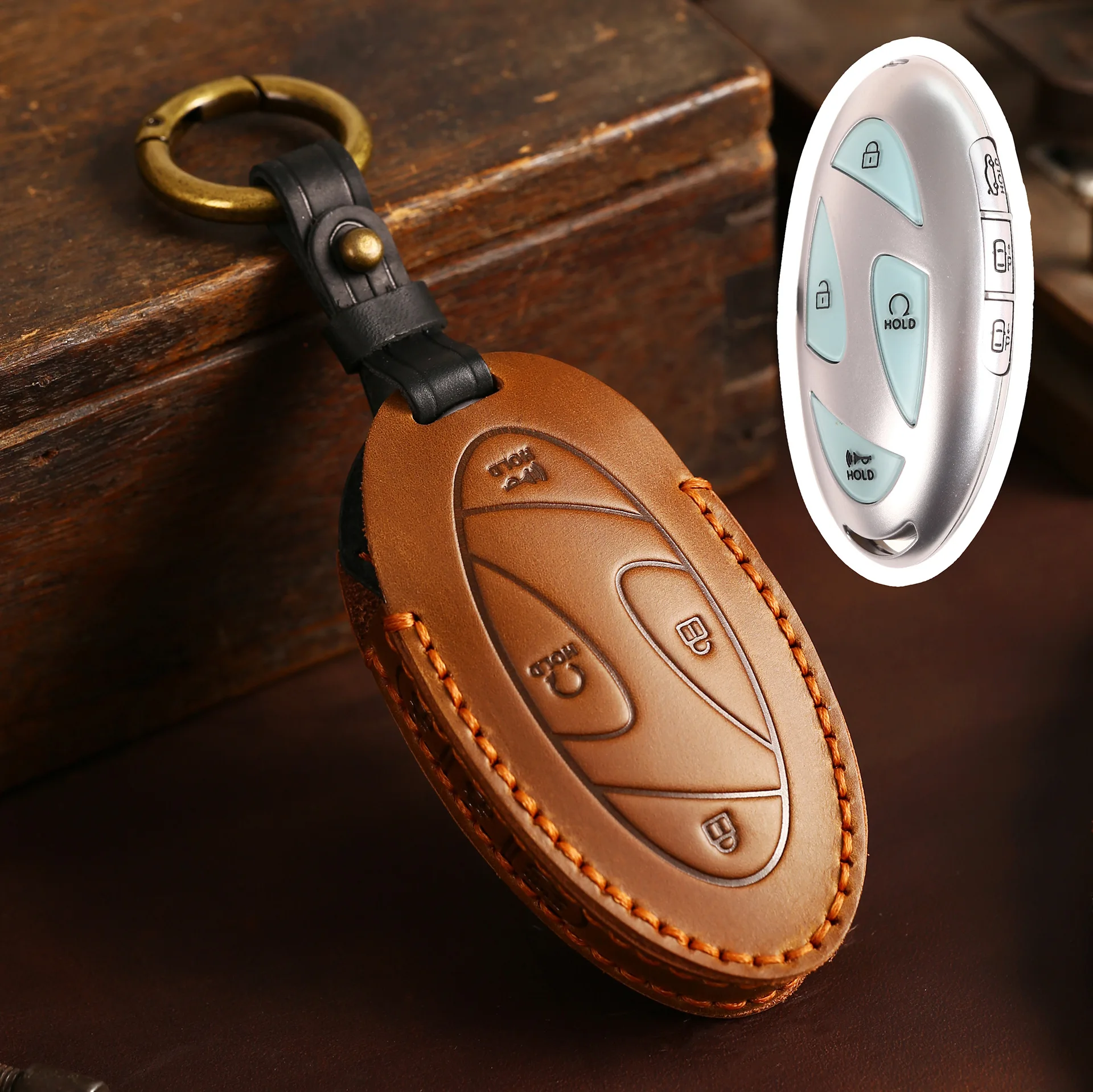 

Crazy Horse Leather 5 7 Bottons Car Key Case for Hyundai Grandeur GN7 2023 Kona Ev 2023 Car Smart Remote Car Protector