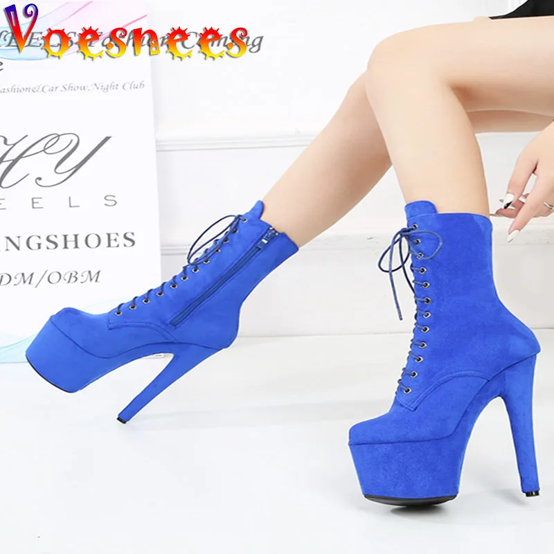 

17CM Waterproof Platform Women Suede Short Boots Blue Lace-up Pole Dance High Heels Pumps Sexy Nightclub Model Fish Mouth Shoes