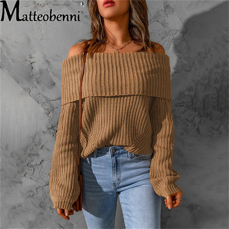 

2022 Autumn Women Long Sleeve Off-Shoulder Knit Pullovers Sweater Cold Shoulder Simple Casual Loose Solid Color Jumper Sweater