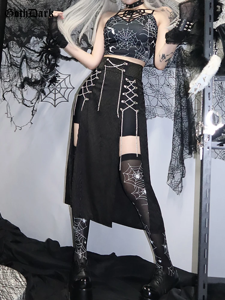 

Goth Dark M-Slit High Waist Mall Gothic Midi Skirts For Women Grunge Sexy Chain Bandage Long Skirt Punk Black Slim Alt Partywear