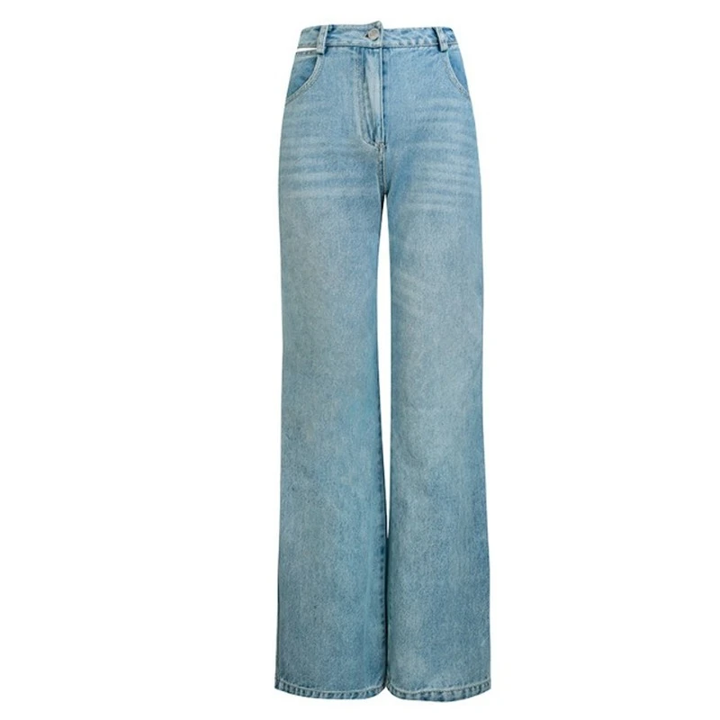 Female Summer New Y2k Baggy Wide Leg Jeans Fashion Light Blue Love Pocket Loose Casual Straight Light Thin Hole Denim Trousers