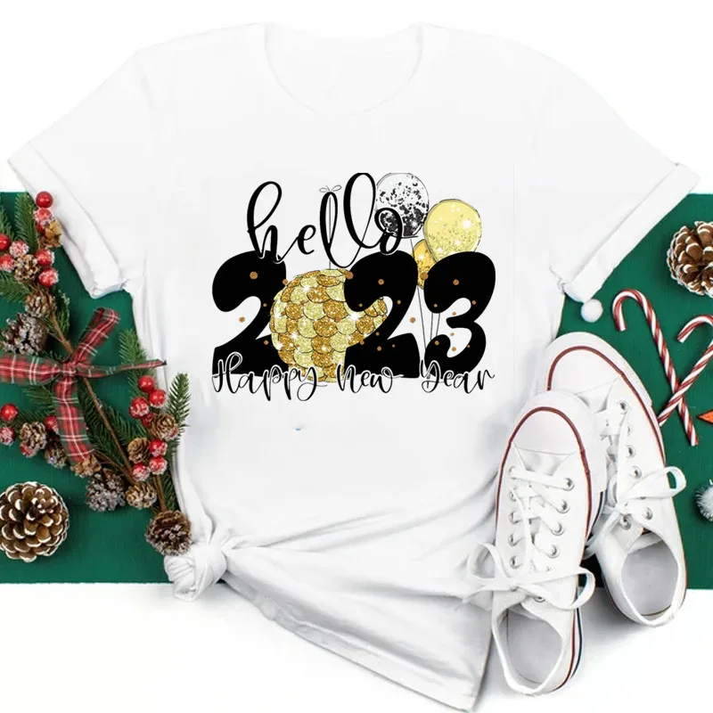 

Hello 2023 Happy New Year White Woman T-shirts Fashion Christmas Costume Short Sleeve Kawaii Clothes Top Women
