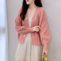 womens sweet lantern sleeve v neck cardigan spring autumn solid color long sleeve knitted jacket lady cute sweater outwear top