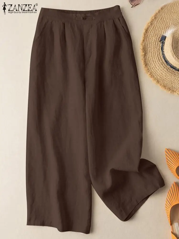 

ZANZEA Summer Elastic Waist Wide Leg Trousers Women Casual Vintage Cotton Pantalon Oversize Harem Palazzo 2023 Solid Loose Pants