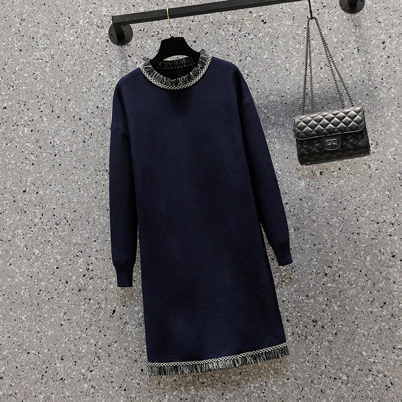 

Large Size Women Casual Sweater Dress Spring 2022 Fashion O-Neck Long Sleeve Patchwork Loose Ladies Knitted Tassel Dresses