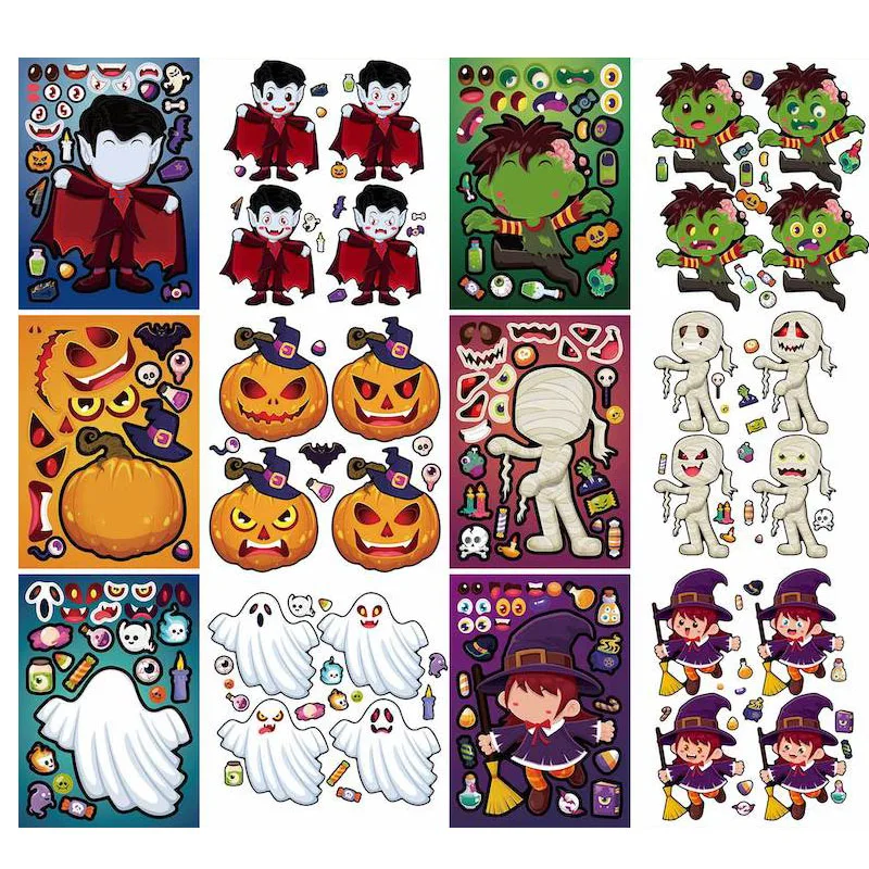 

6-24sheets Make A Face Halloween Stickers Kids Make Your Own Ghost Mummy Pumpkin Witch Puzzle Stickers Children Party Toys Gifts