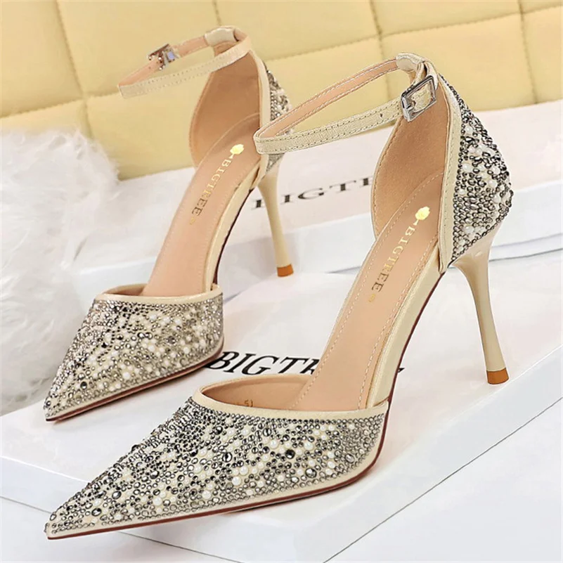 

2023 Summer Brand Women Glitter Crystal 9cm High Heels Sandals Designer Stripper Heels Sandals Rhinestone Party Bride Prom Shoes