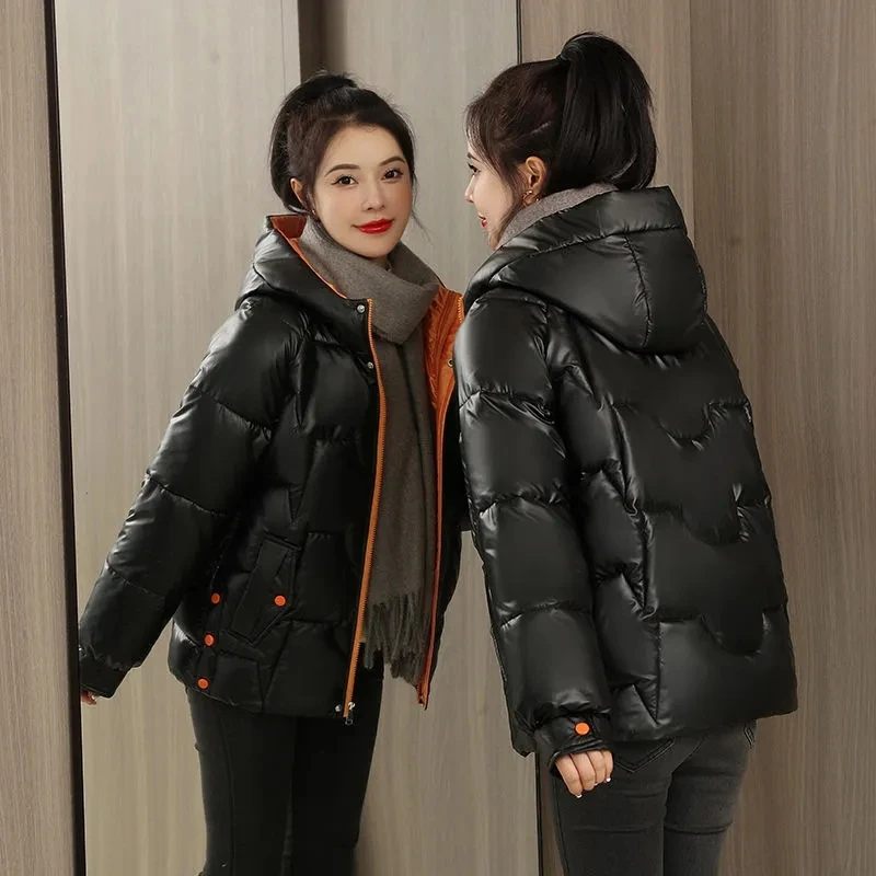 

Glossy Women Down Padded Jacket 2022 Winter New Women Cotton Coat Korean Short Winter Parkas Coat Loose Thick Hooded Basic Coat