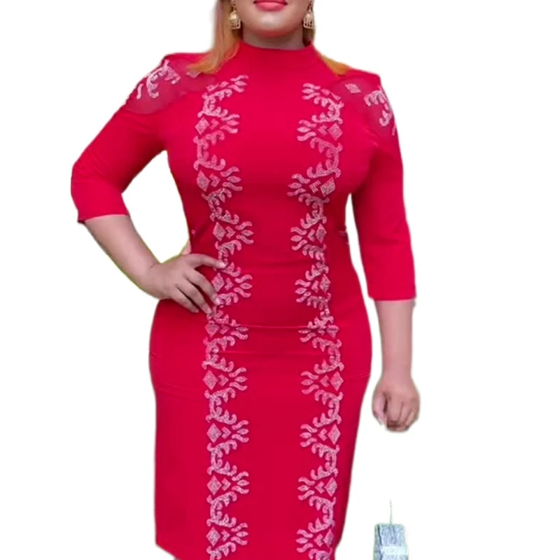 

Plus Size African Wedding Party Dresses for Women 2023 Summer Fashion Elegant Long Sleeve Office Lady Knee-length White Dress