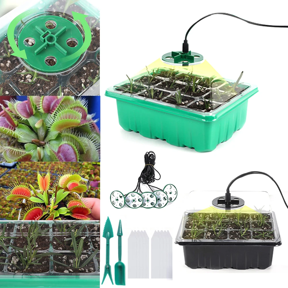 5 Trays 60 Cells Seed Starter Tray Kit with Grow Light Drain Holes Adjustable Humidity + Venus flytrap Carnivorous Plant Seeds