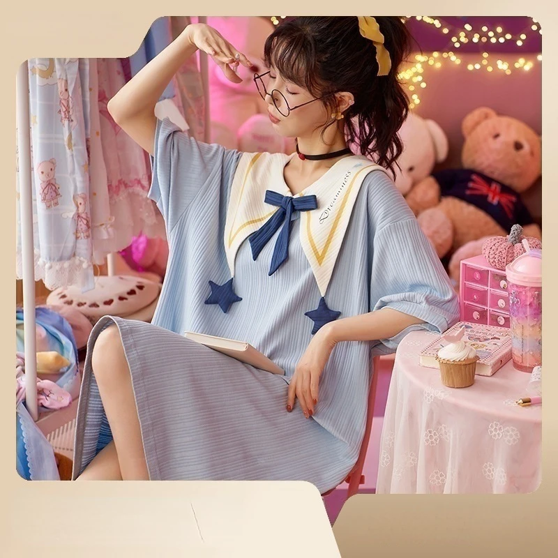 Pajamas for Women Summer Thin Section Doll Collar Short-sleeved Nightgowns Cute Star Loose Large Size Soft and Casual Sleepwear