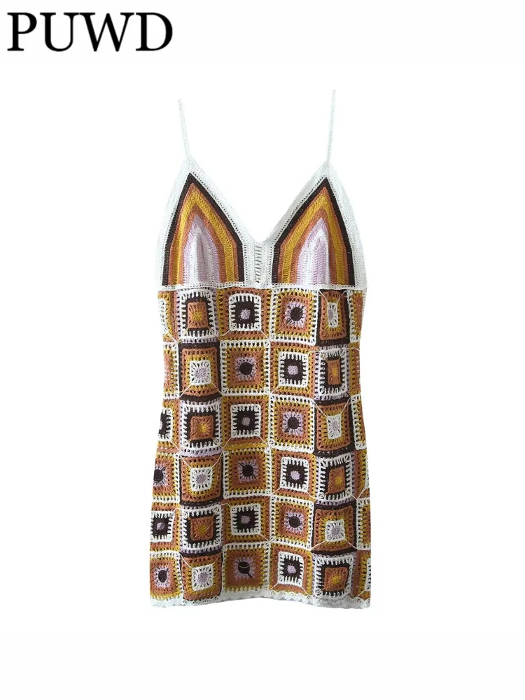 

PUWD Casual Women Holiday Style Hook Flower Multi Suspender Dress 2022 Summer Fashion Ladies Casual Female Knitted Cotton Dress